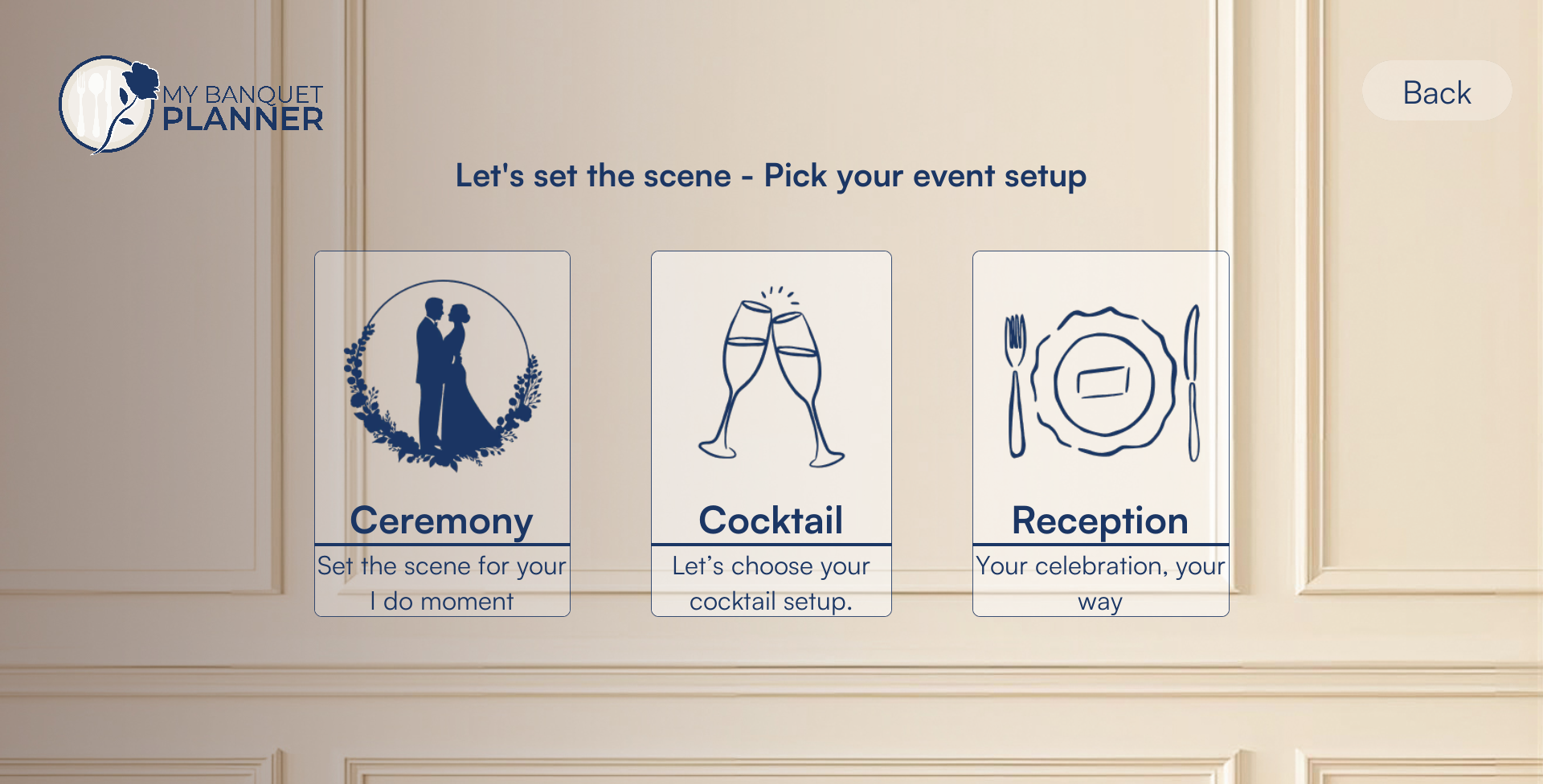 My Banquet Planner — event setup picker showing Ceremony, Cocktail, and Reception options