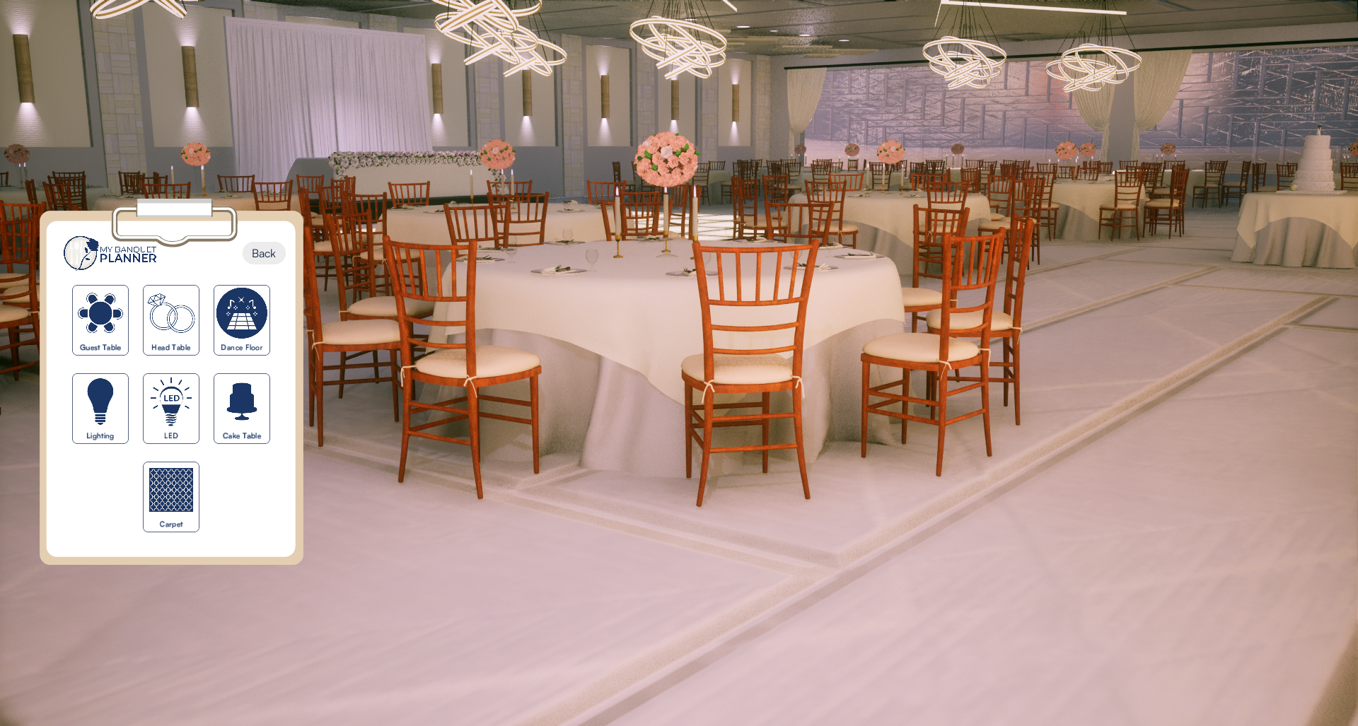 My Banquet Planner — reception hall overview with main menu