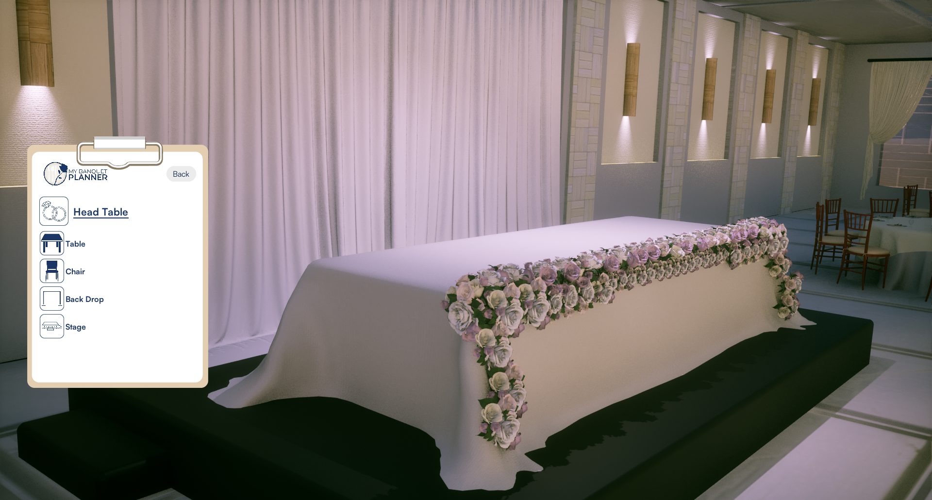 My Banquet Planner — head table with floral garland and draped backdrop