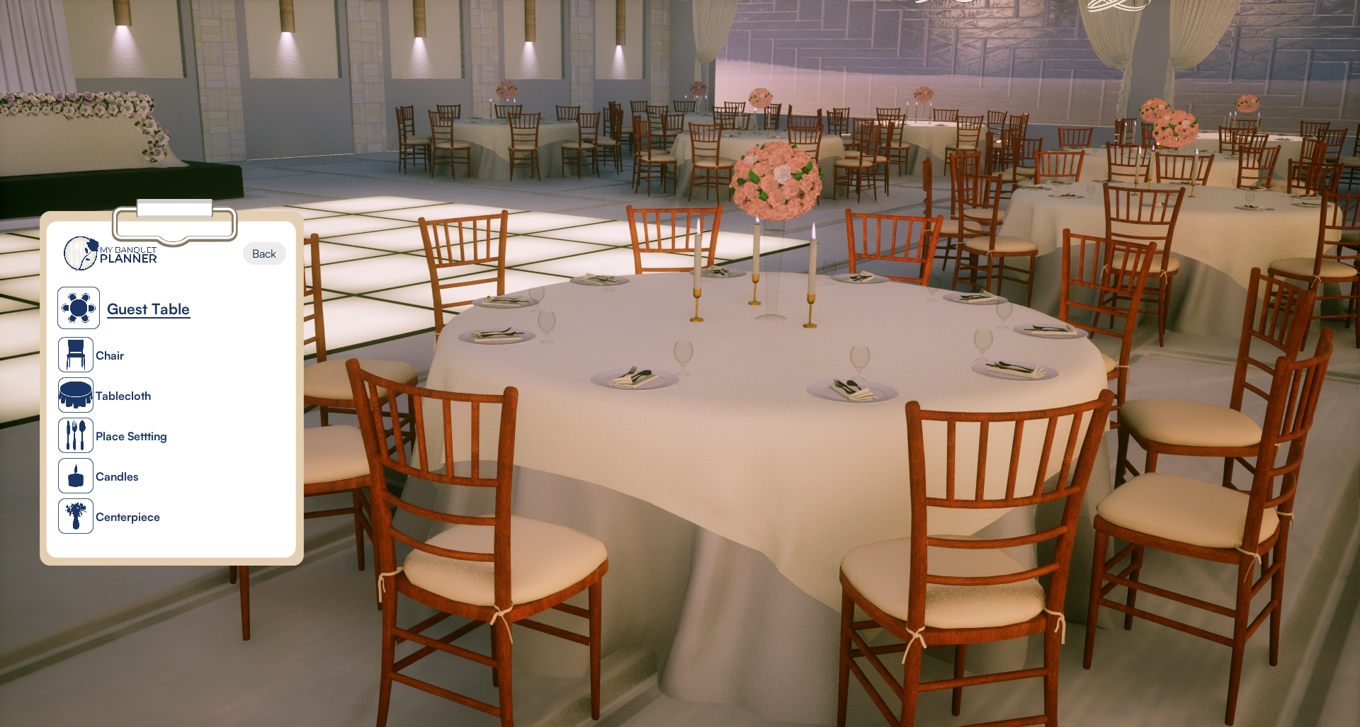 My Banquet Planner — guest table editor showing chair, tablecloth, place setting, candles, and centerpiece options