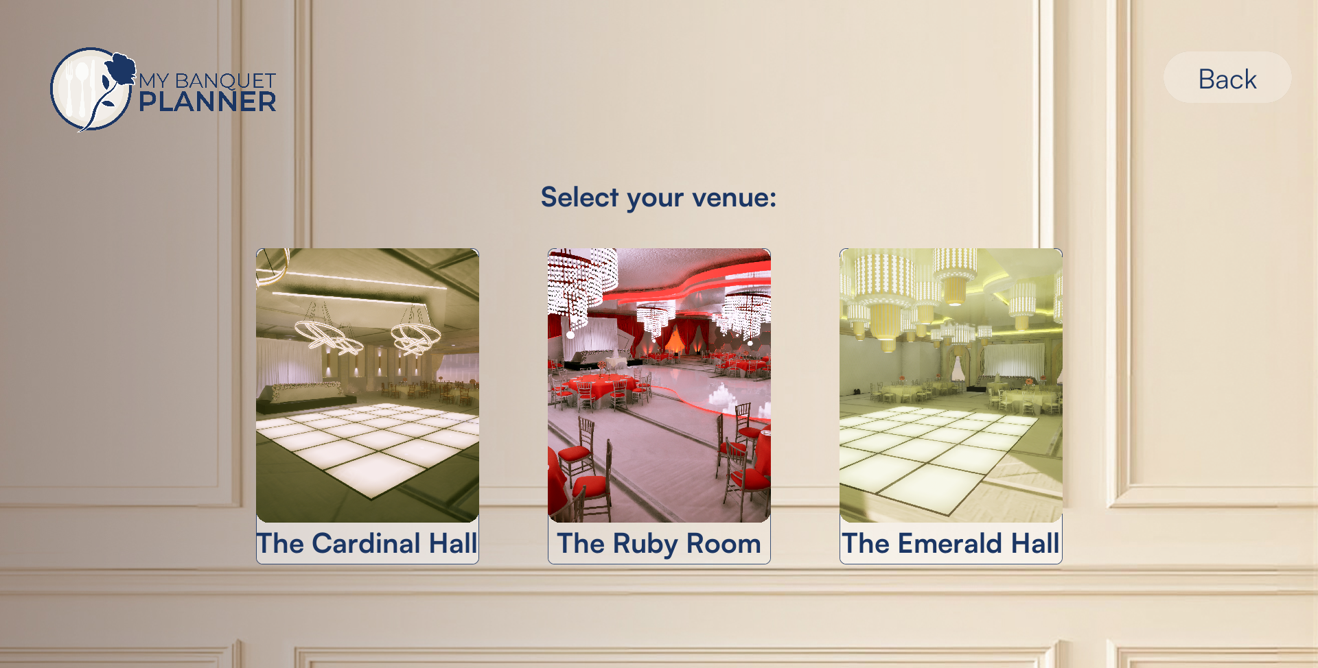My Banquet Planner — reception layout editor with 3D hall view and customization menu