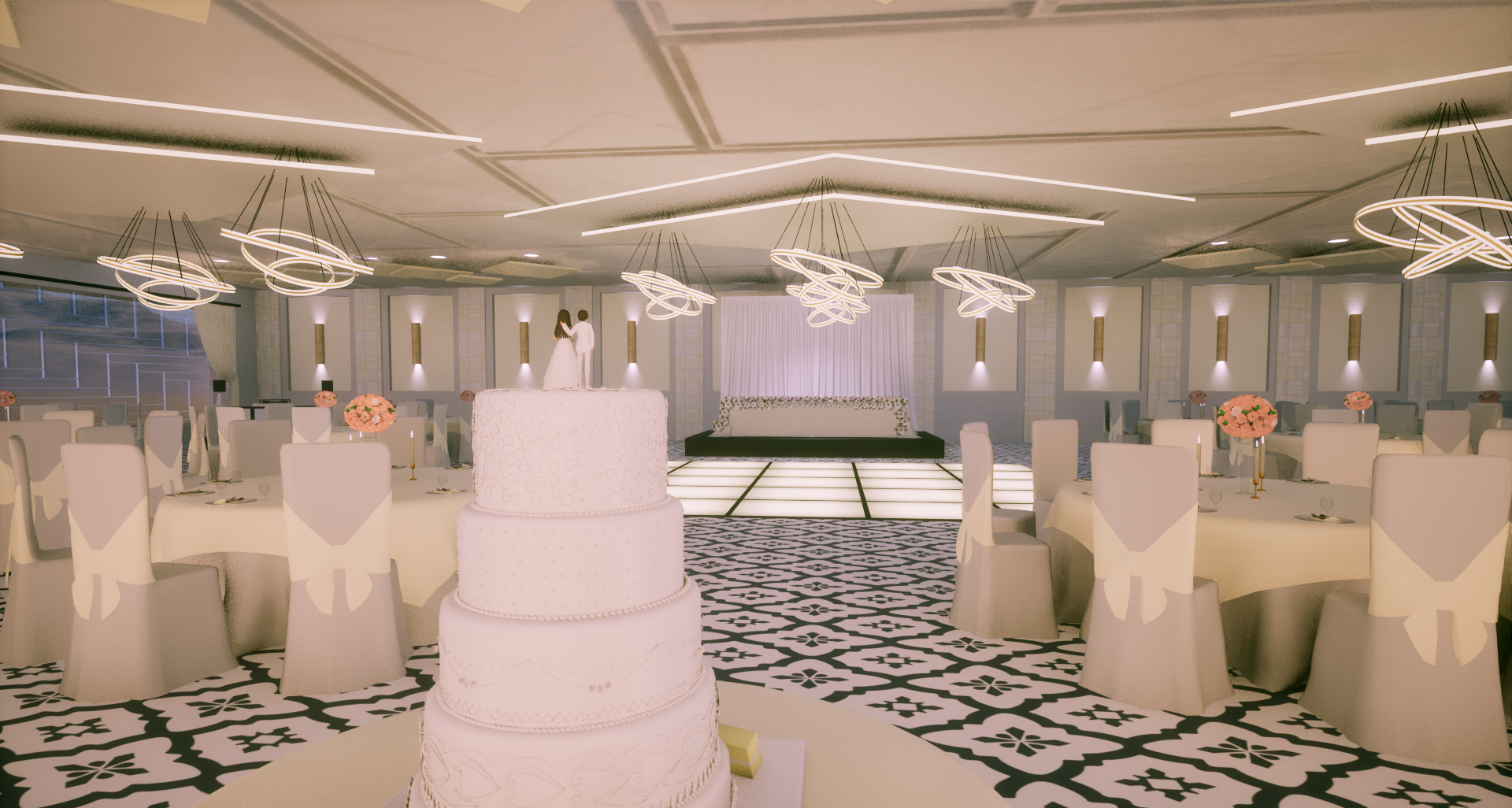 3D rendered wedding ballroom with tiered cake, ring chandeliers, and illuminated dance floor — created with My Banquet Planner