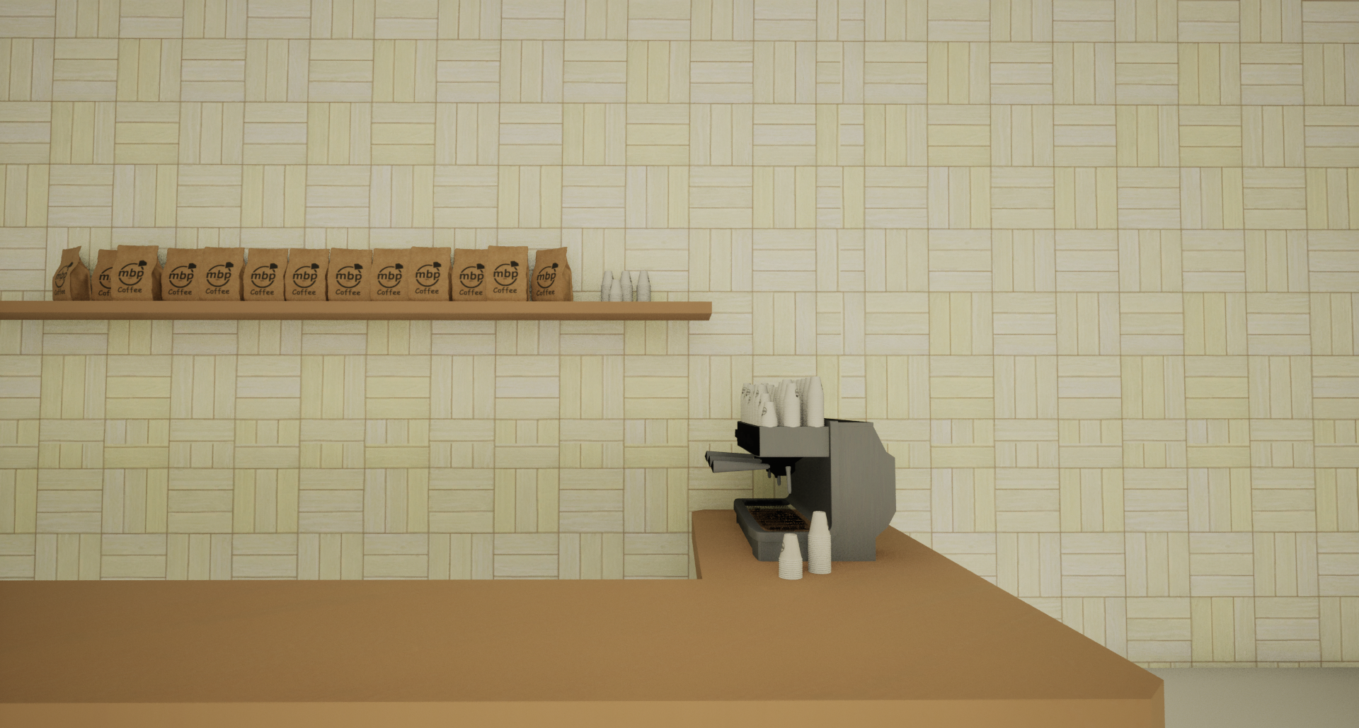 3D rendered coffee counter with MBP branded bags and espresso machine — created with My Banquet Planner