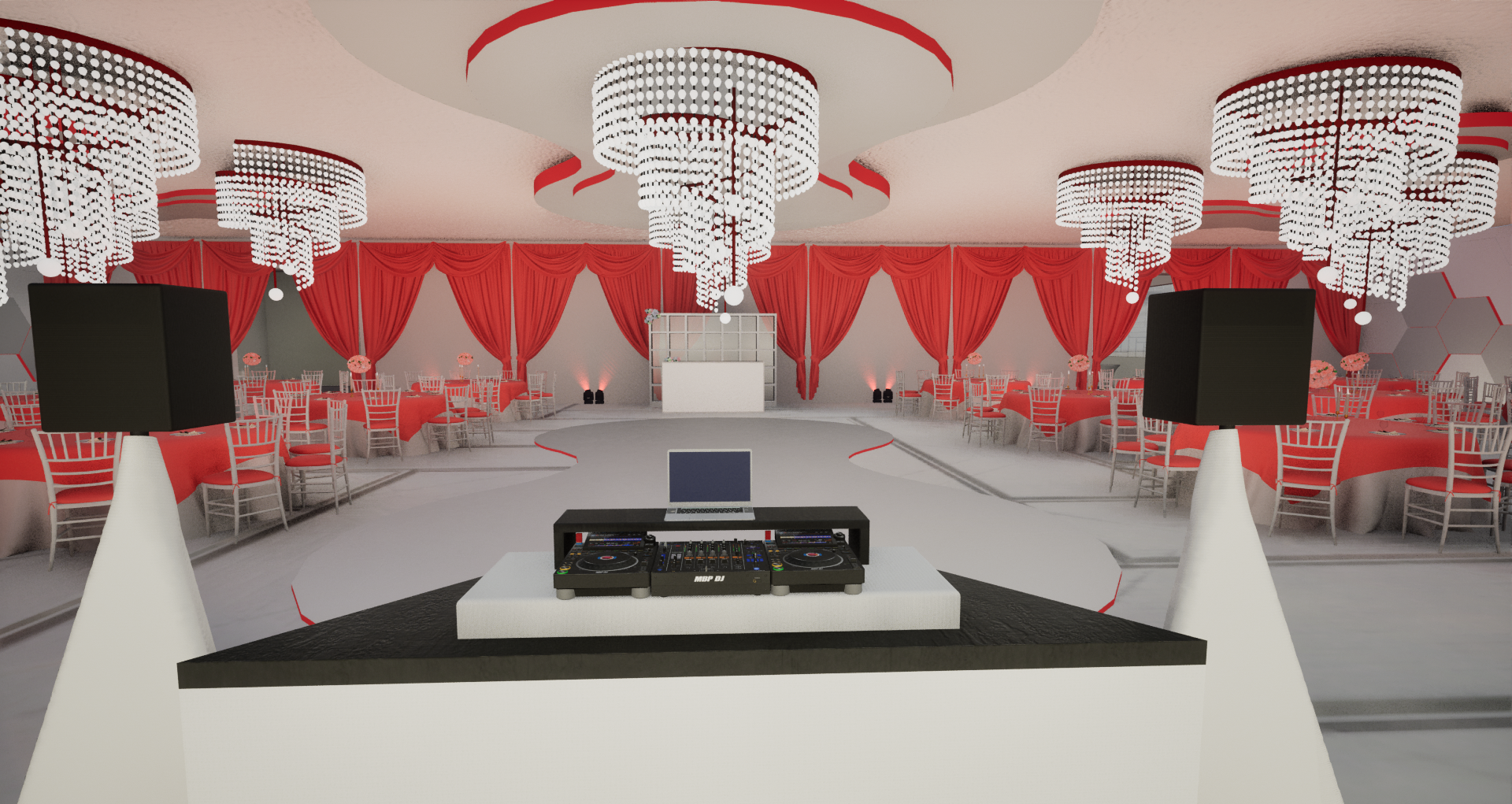 3D rendered ballroom with DJ booth, crystal chandeliers, and red draped décor — created with My Banquet Planner