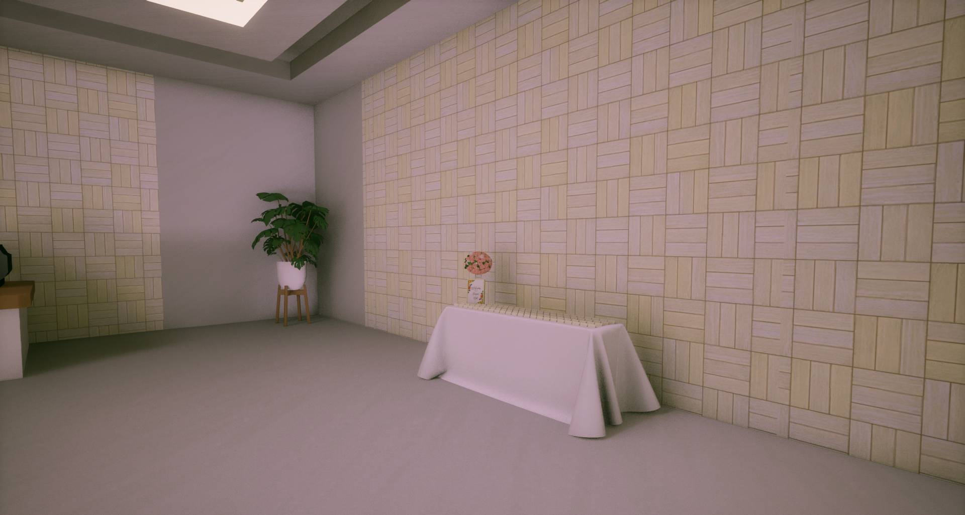 3D rendered event lobby with draped table, potted plant, and floral arrangement — created with My Banquet Planner