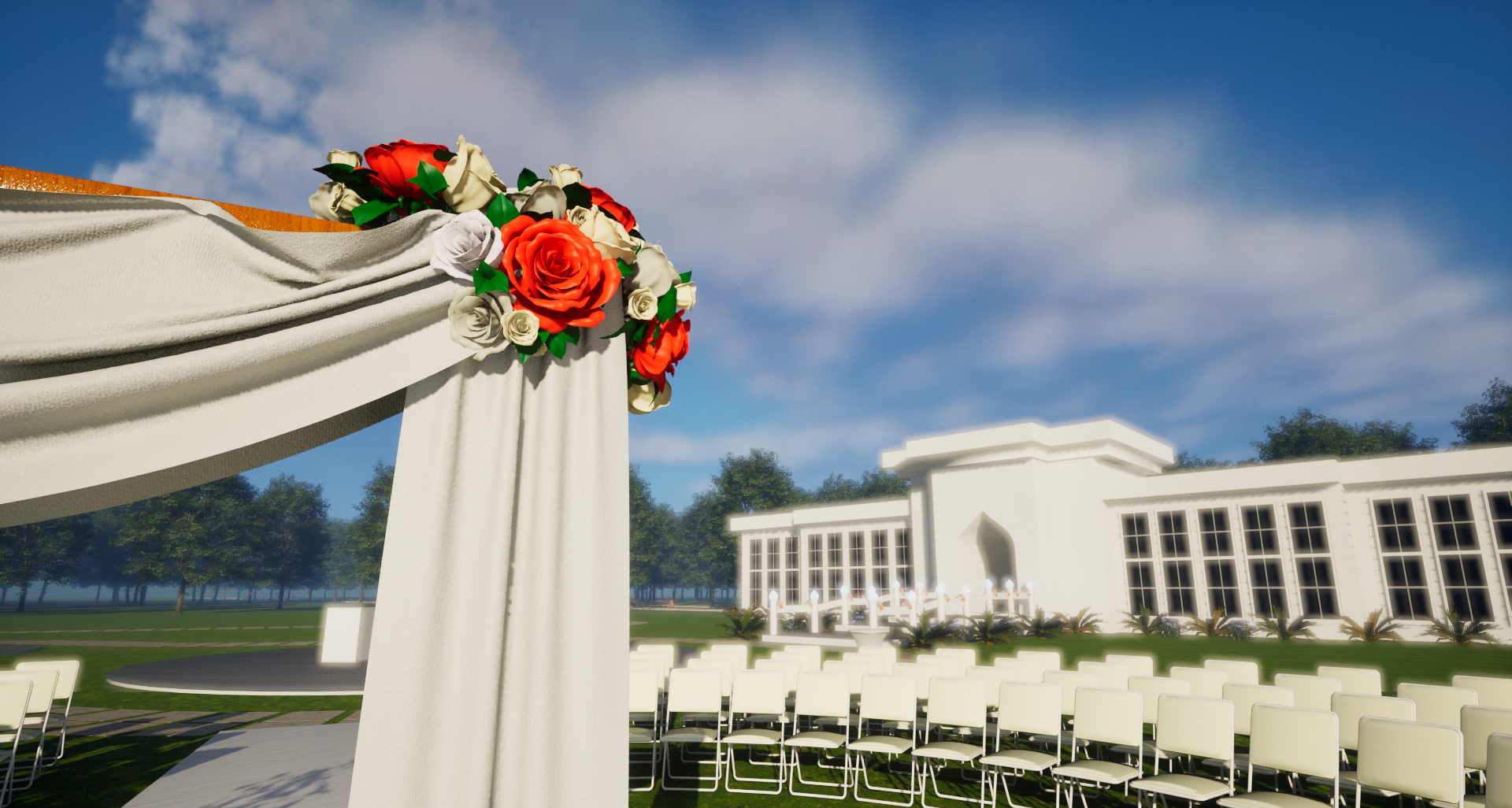 3D rendered outdoor ceremony arch with red and white floral arrangement and white chair seating — created with My Banquet Planner